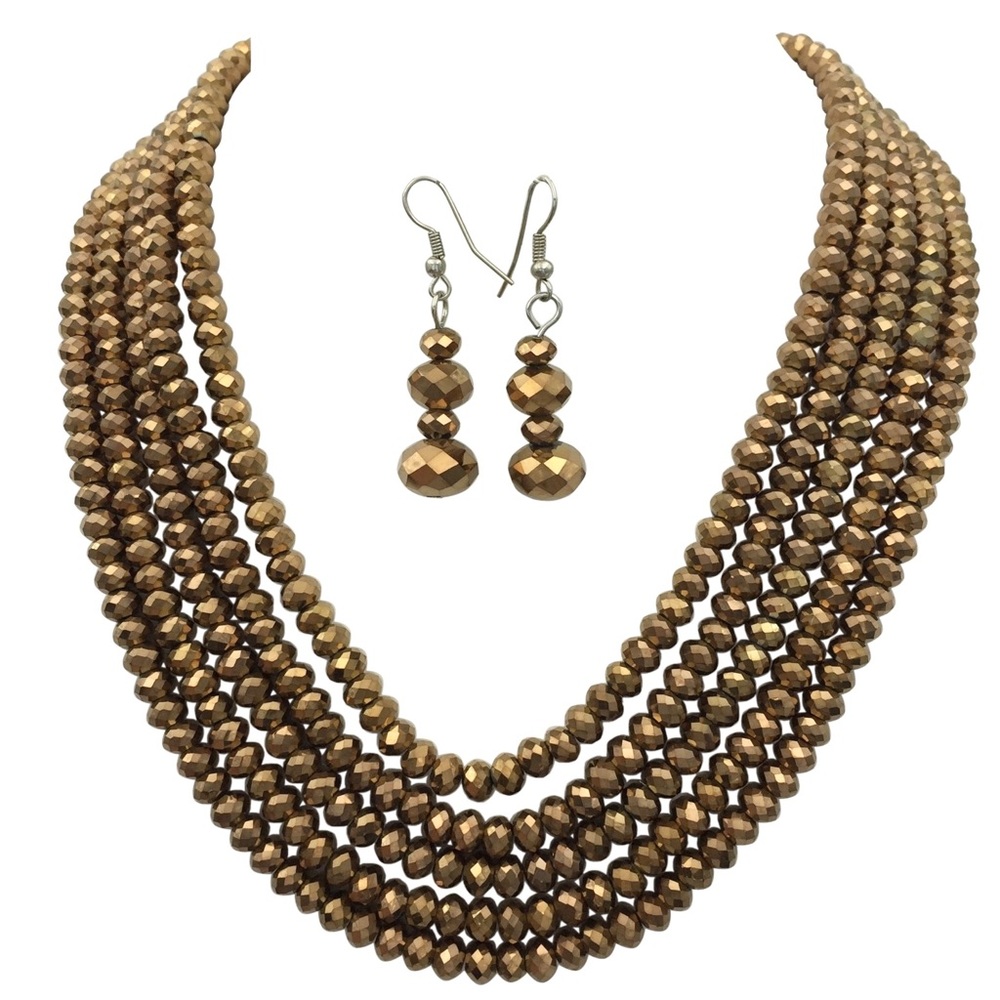 Brown Glass 5 Row Layered Bead Statement Necklace Dangle Earrings Set - Picture 1 of 5